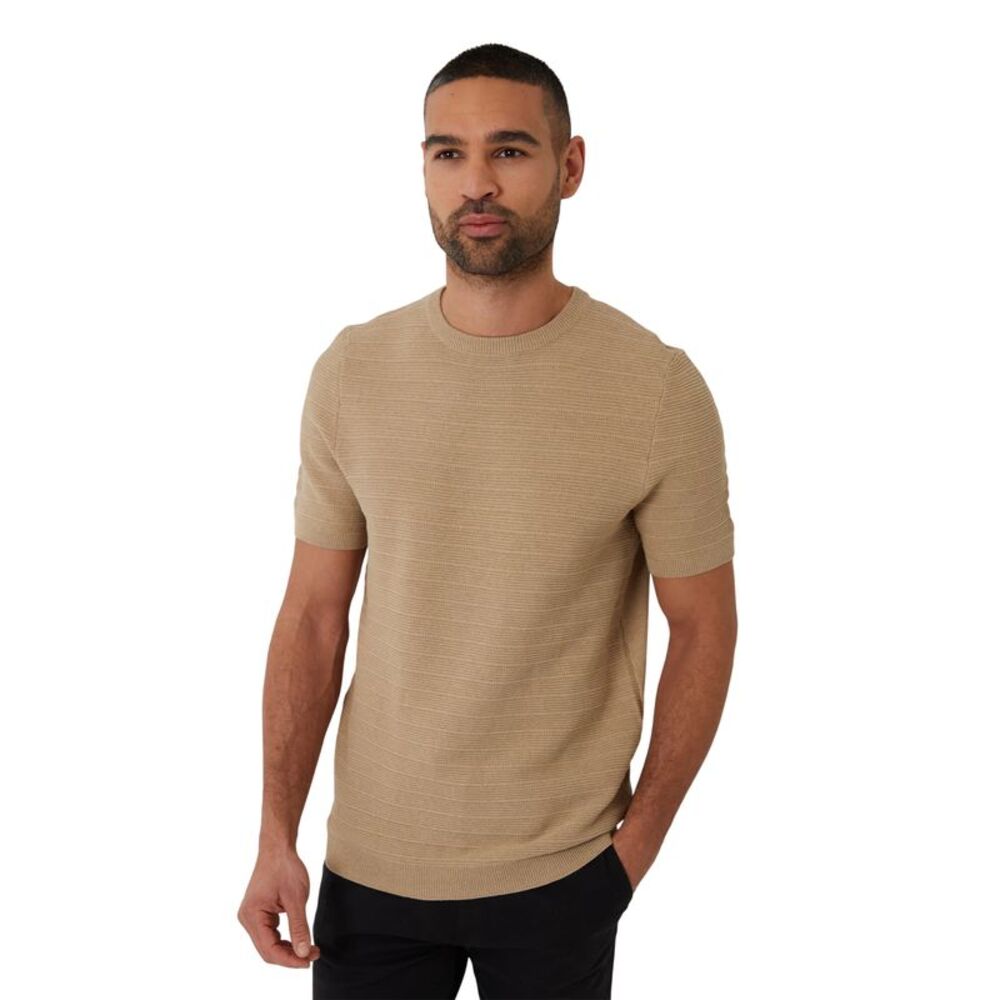 Threadbare Mens Textured Rib Knit Regular T-Shirt / Beige